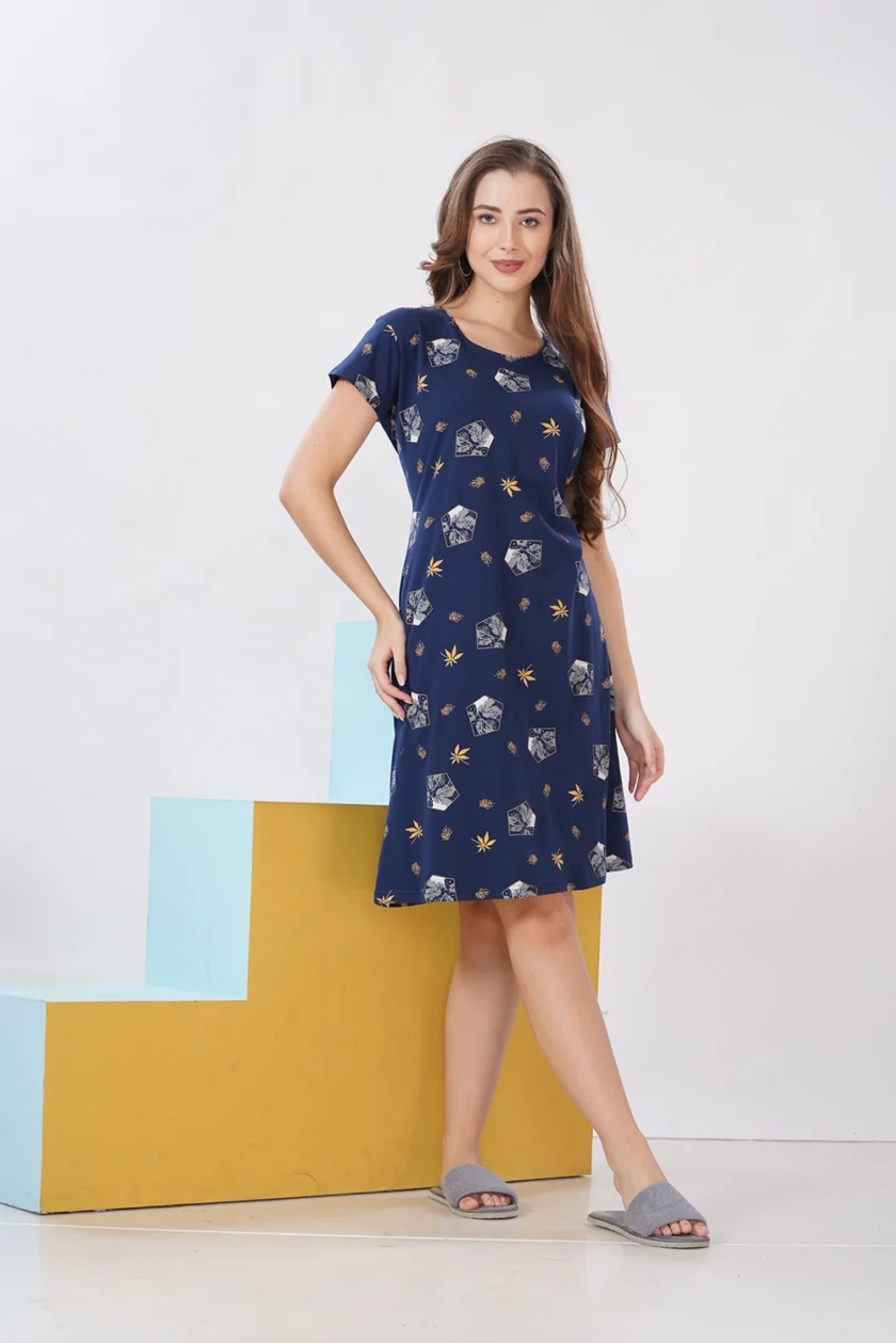 Hosiery Short Nighty – Round Neck | Everyday Comfort Nightwear | Dark Blue Floral - Image 7
