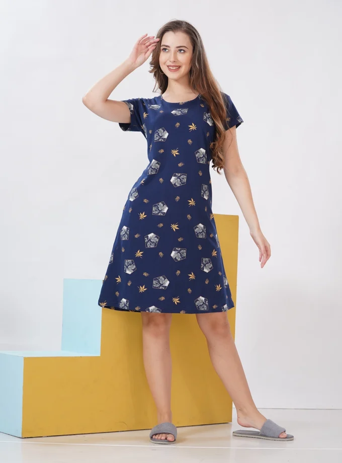 Hosiery Short Nighty – Round Neck | Everyday Comfort Nightwear | Dark Blue Floral