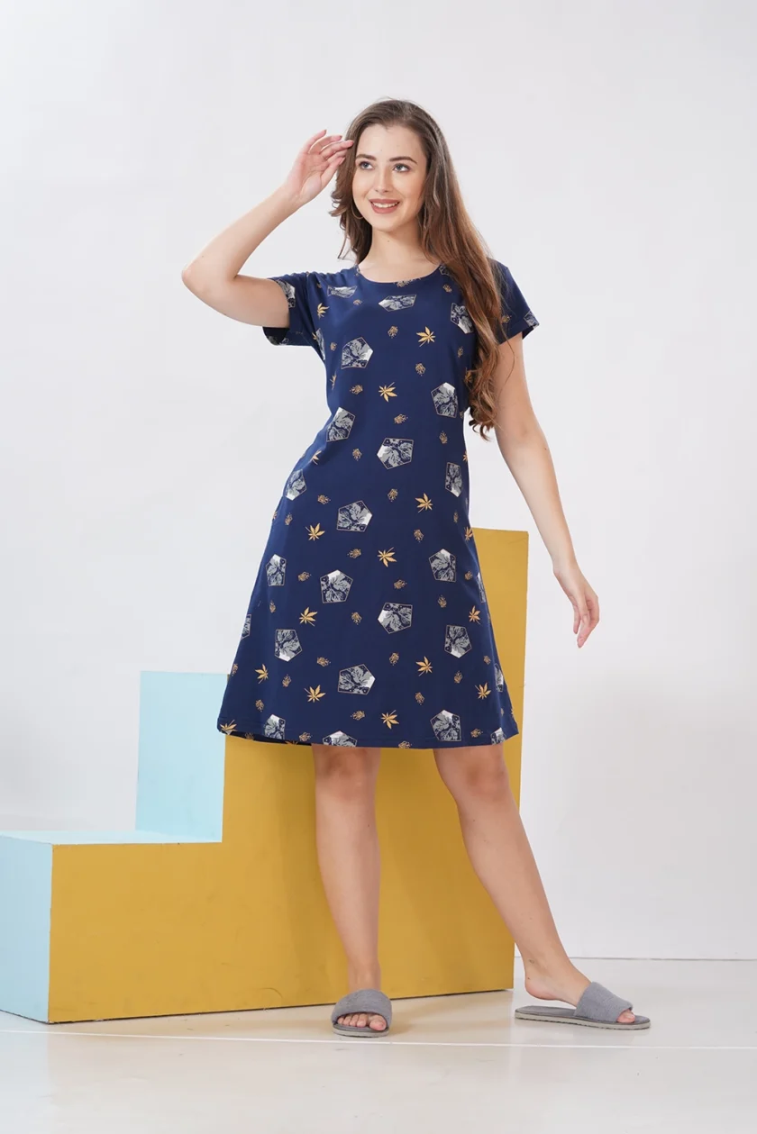 Hosiery Short Nighty – Round Neck | Everyday Comfort Nightwear | Dark Blue Floral - Image 6