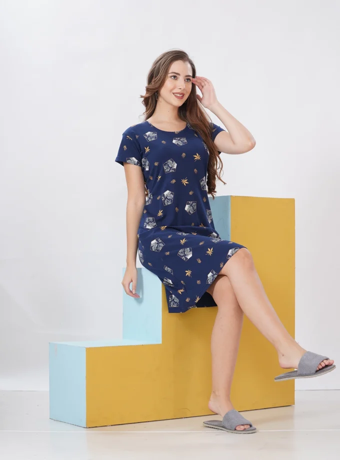 Hosiery Short Nighty – Round Neck | Everyday Comfort Nightwear | Dark Blue Floral