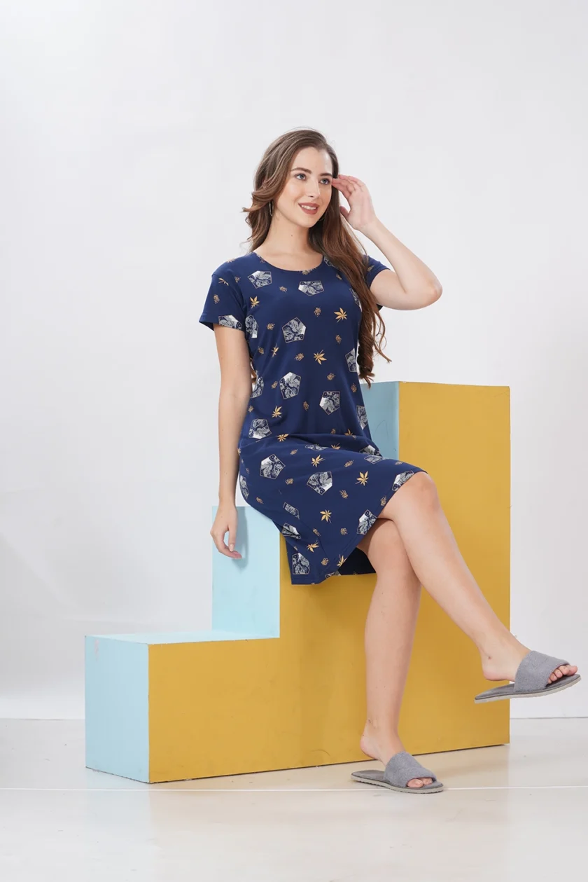 Hosiery Short Nighty – Round Neck | Everyday Comfort Nightwear | Dark Blue Floral - Image 4