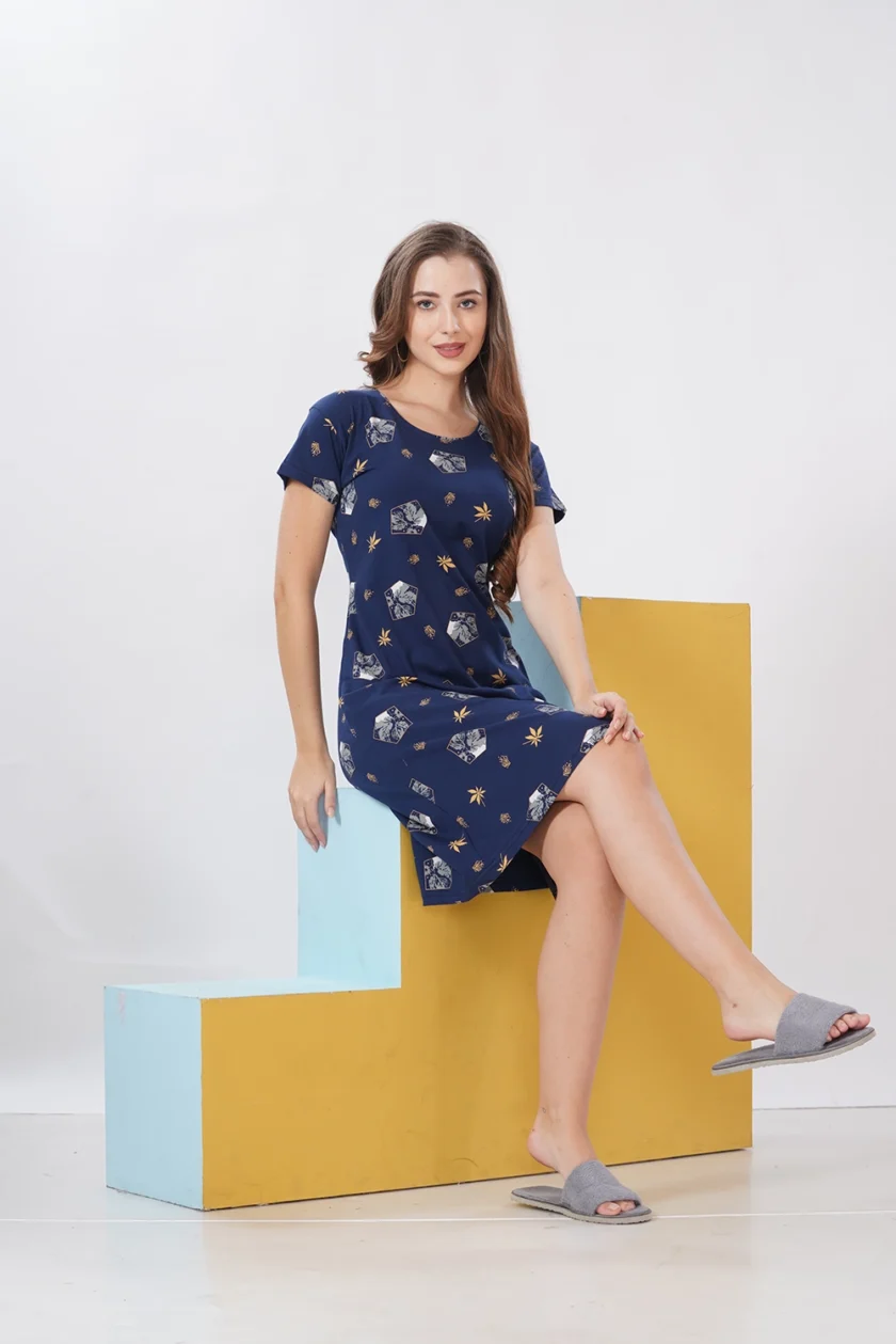 Hosiery Short Nighty – Round Neck | Everyday Comfort Nightwear | Dark Blue Floral - Image 2