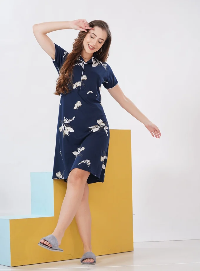 Premium Hosiery Short Nighty – Collar Neck for Women | Dark Blue Feather