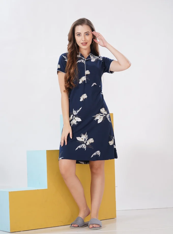 Premium Hosiery Short Nighty – Collar Neck for Women | Dark Blue Feather