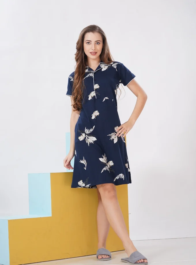 Premium Hosiery Short Nighty – Collar Neck for Women | Dark Blue Feather