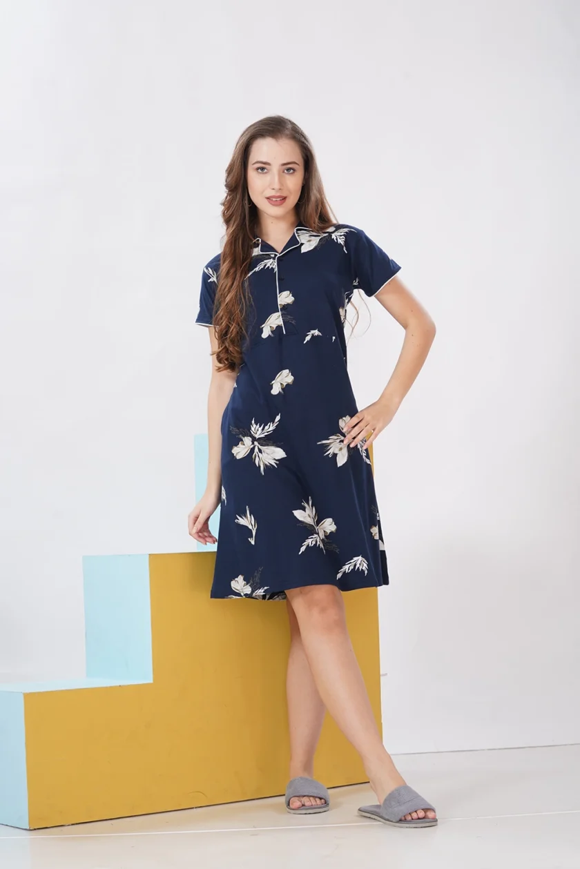 Premium Hosiery Short Nighty – Collar Neck for Women | Dark Blue Feather - Image 4