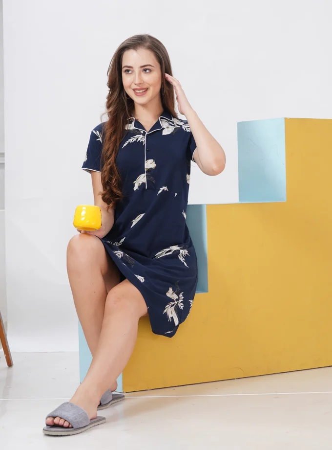 Premium Hosiery Short Nighty – Collar Neck for Women | Dark Blue Feather