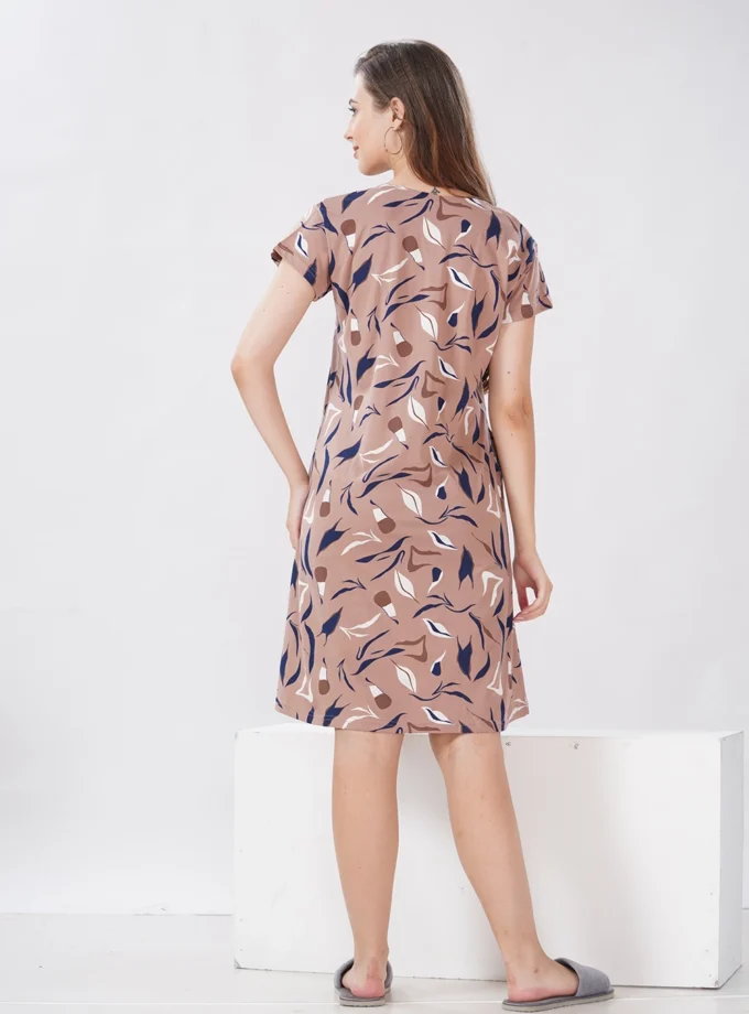 Hosiery Short Nighty – Round Neck | Comfortable Daily Nightwear | Light Brown Feathre