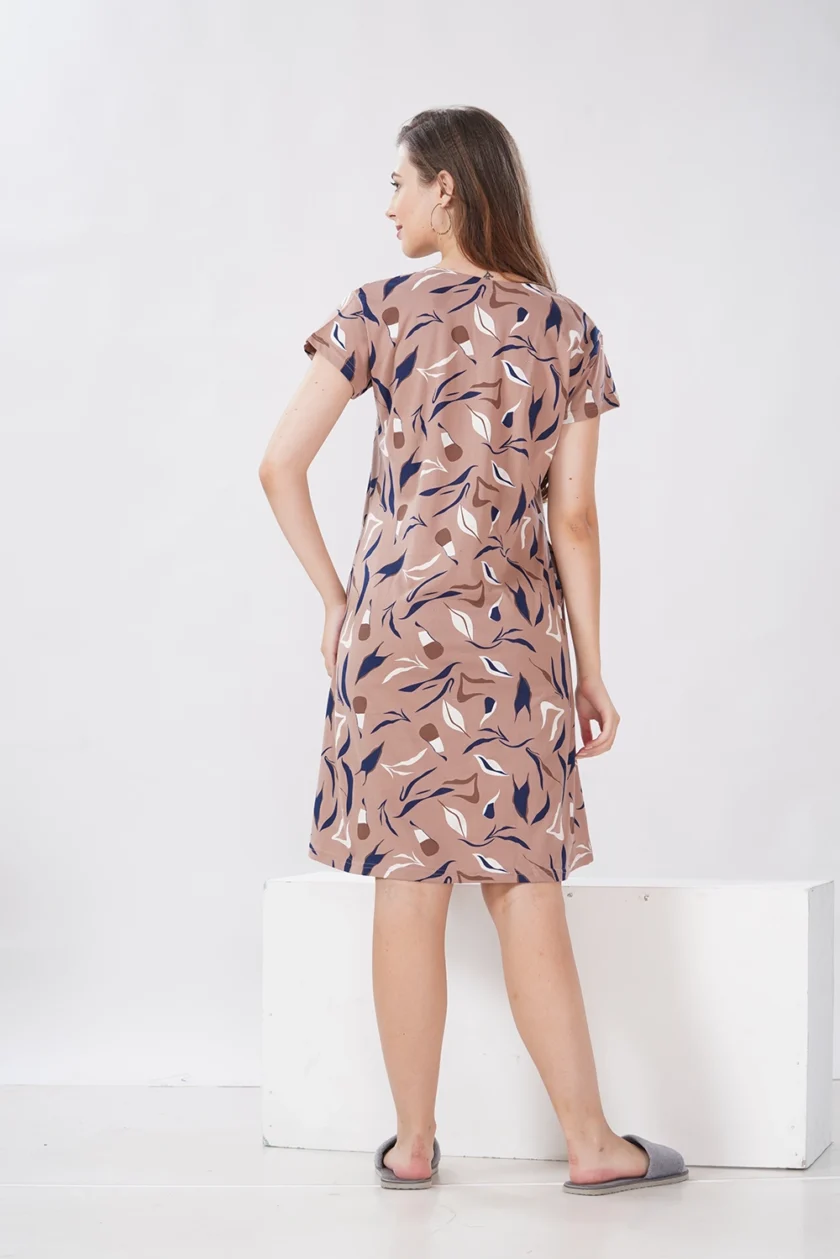 Hosiery Short Nighty – Round Neck | Comfortable Daily Nightwear | Light Brown Feathre - Image 8