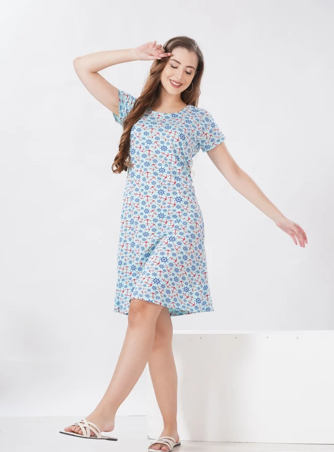 Hosiery Short Nighty – Round Neck | Comfortable Daily Nightwear | Light Blue