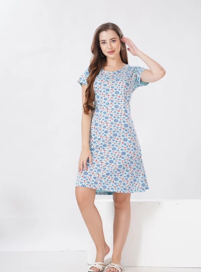 Hosiery Short Nighty – Round Neck | Comfortable Daily Nightwear | Light Blue
