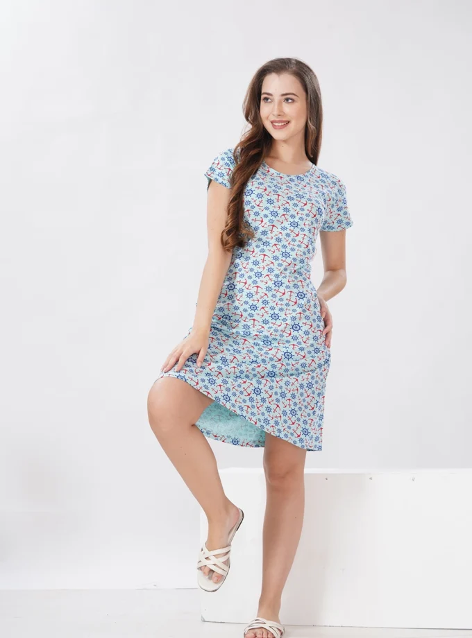 Hosiery Short Nighty – Round Neck | Comfortable Daily Nightwear | Light Blue
