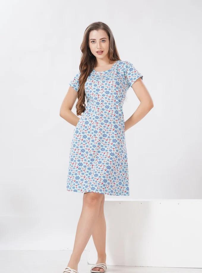 Hosiery Short Nighty – Round Neck | Comfortable Daily Nightwear | Light Blue