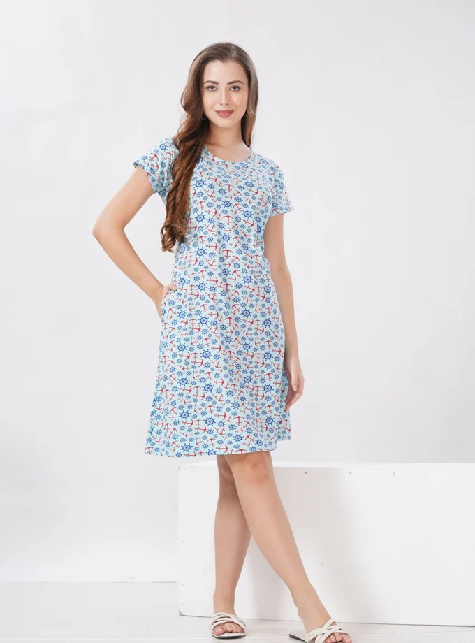 Hosiery Short Nighty – Round Neck | Comfortable Daily Nightwear | Light Blue
