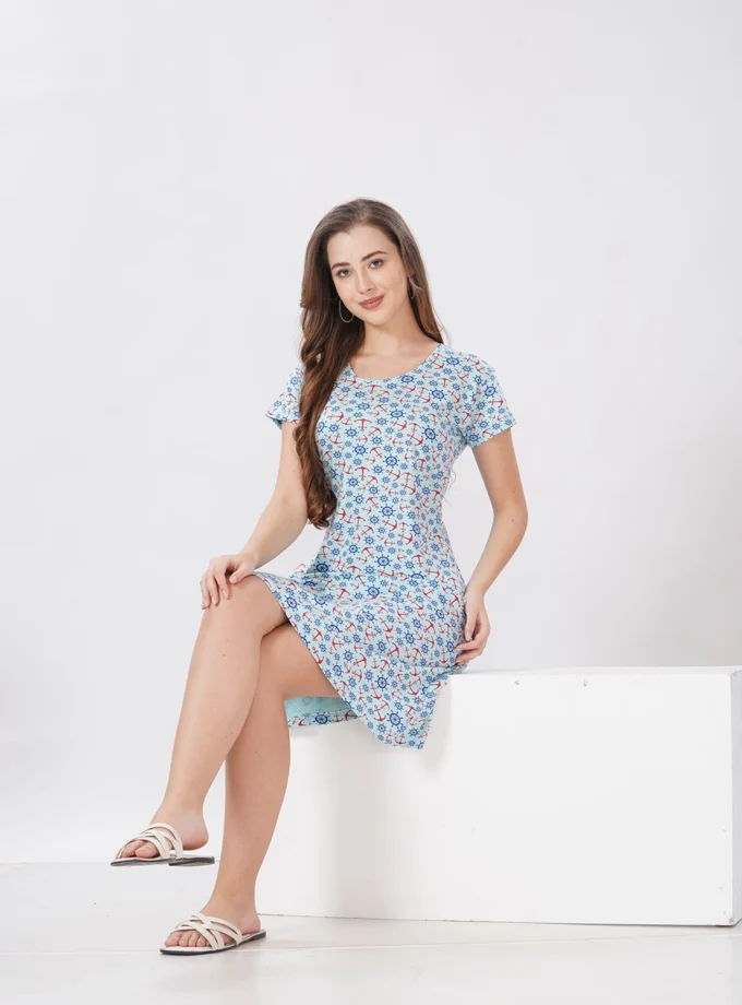 Hosiery Short Nighty – Round Neck | Comfortable Daily Nightwear | Light Blue