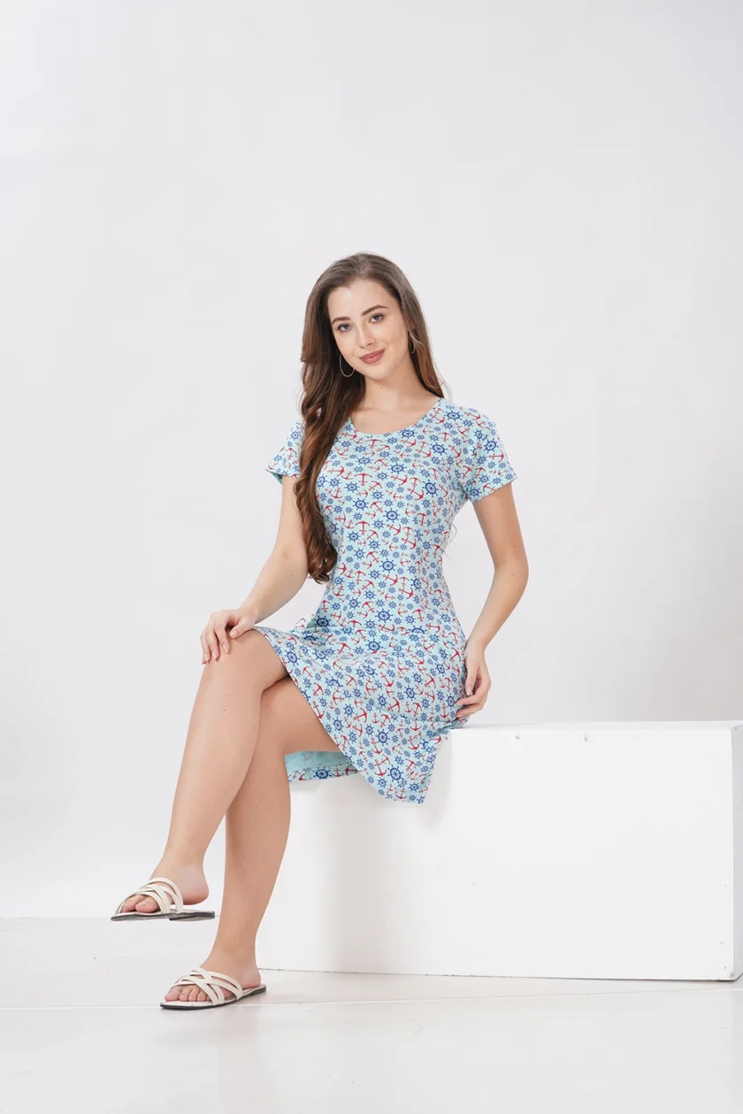 Hosiery Short Nighty – Round Neck | Comfortable Daily Nightwear | Light Blue - Image 2