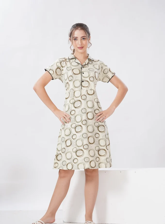 Hosiery Short Nighty – Collar Neck | Elegant & Comfortable Nightwear | Light Green Circle Design