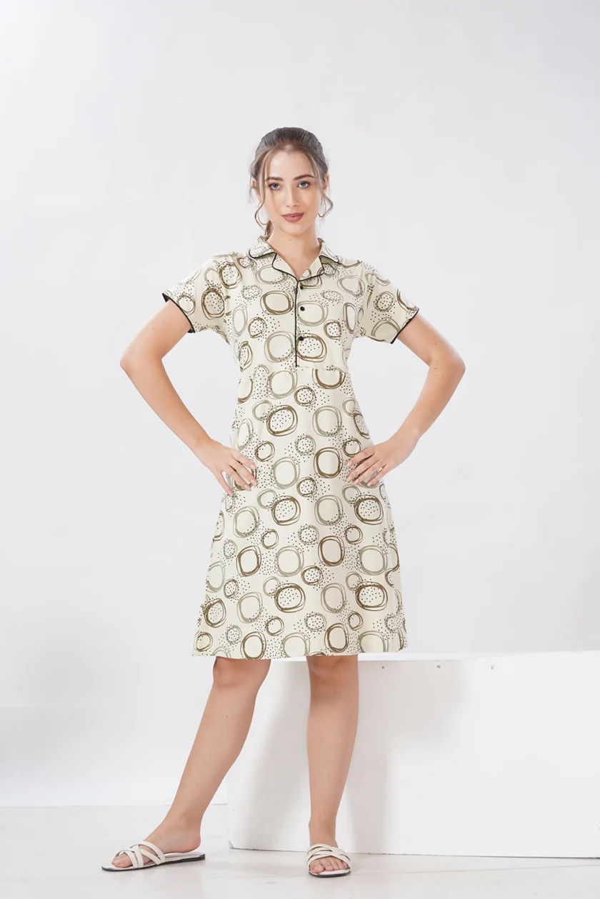 Hosiery Short Nighty – Collar Neck | Elegant & Comfortable Nightwear | Light Green Circle Design - Image 6