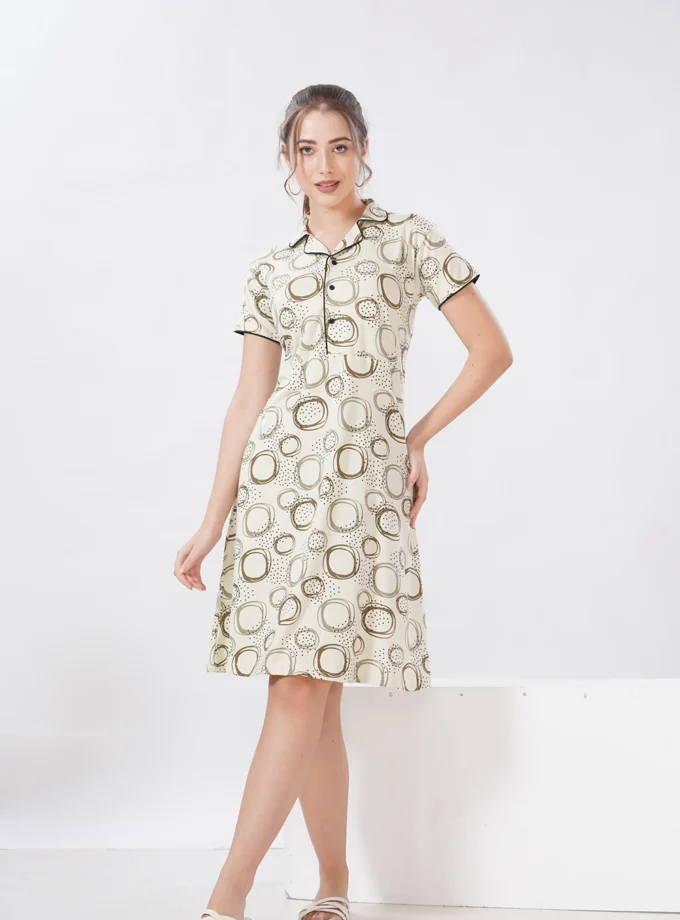 Hosiery Short Nighty – Collar Neck | Elegant & Comfortable Nightwear | Light Green Circle Design