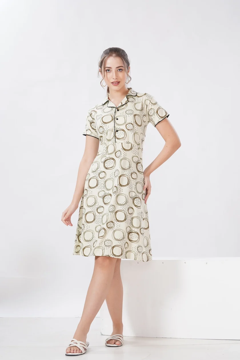 Hosiery Short Nighty – Collar Neck | Elegant & Comfortable Nightwear | Light Green Circle Design - Image 7