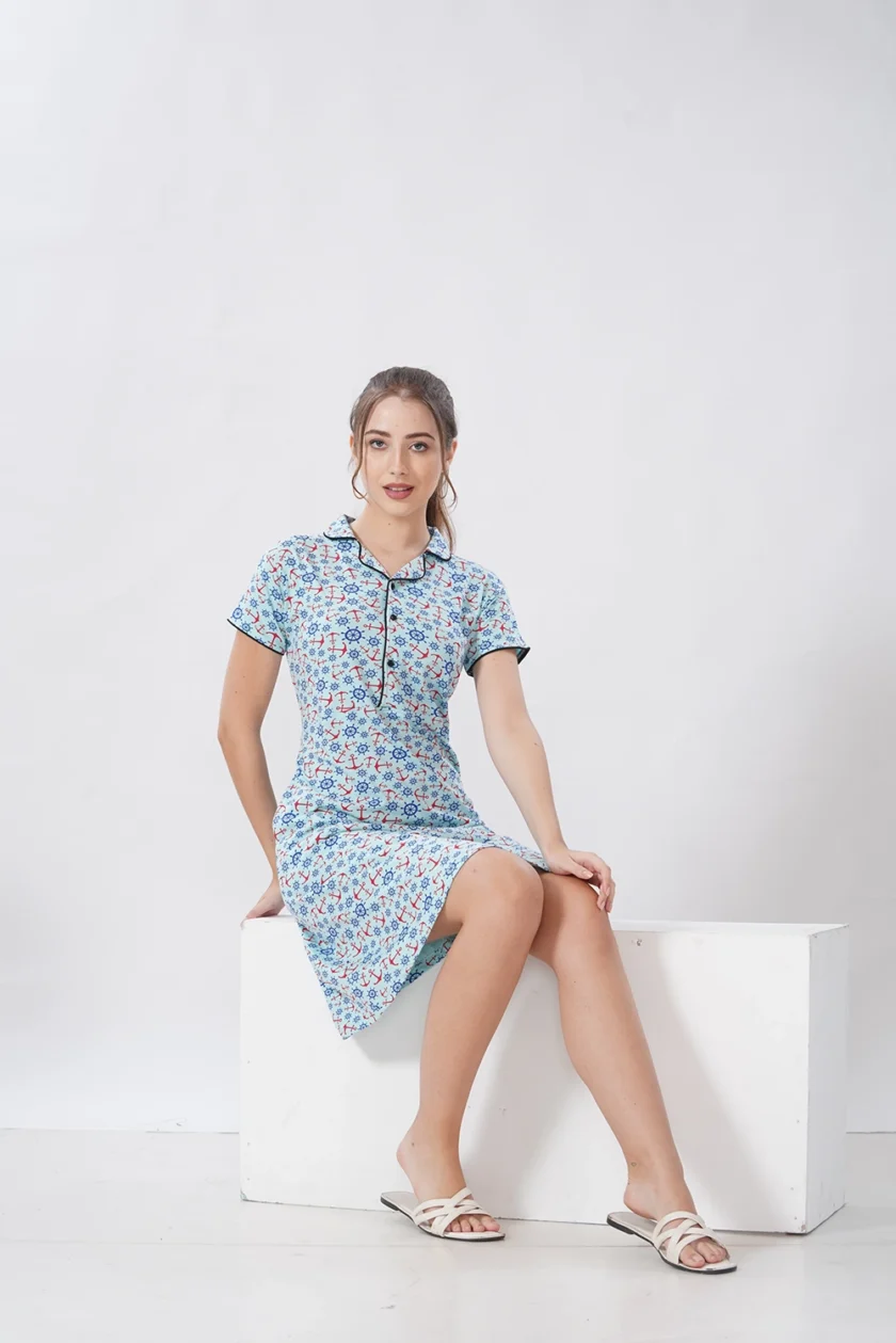 Hosiery Short Nighty – Collar Neck | Premium Comfort Nightwear | Light Blue - Image 3