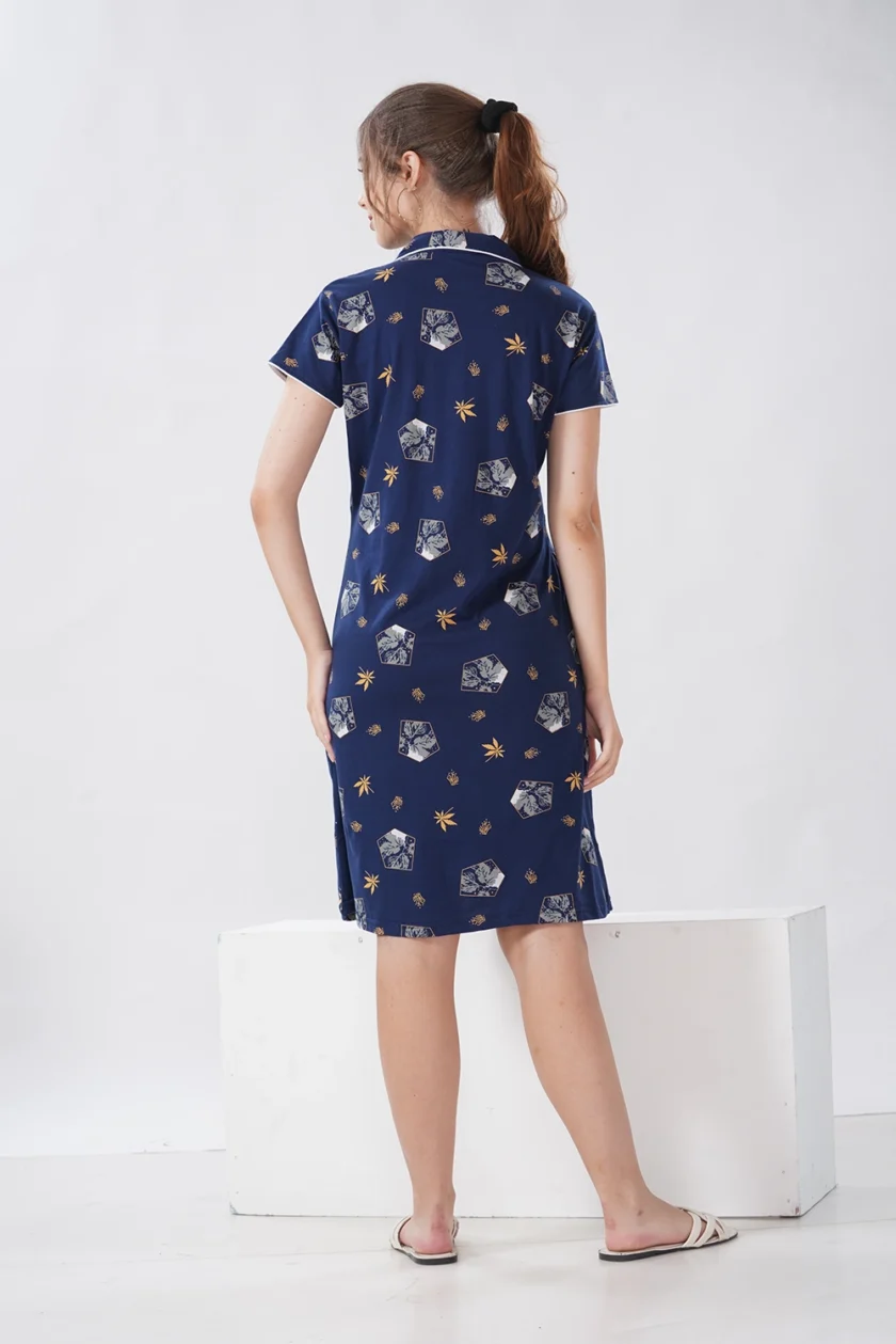 Hosiery Short Nighty – Collar Neck | Soft Fabric, Smart Design | Dark Blue Floral - Image 7