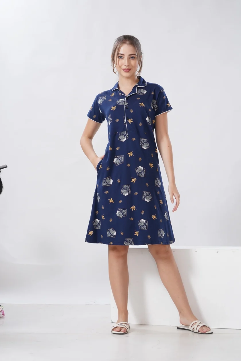 Hosiery Short Nighty – Collar Neck | Soft Fabric, Smart Design | Dark Blue Floral - Image 6