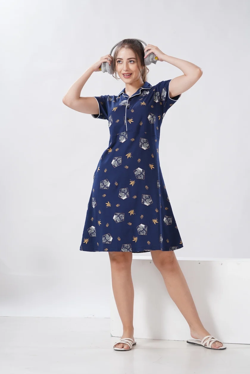Hosiery Short Nighty – Collar Neck | Soft Fabric, Smart Design | Dark Blue Floral - Image 5