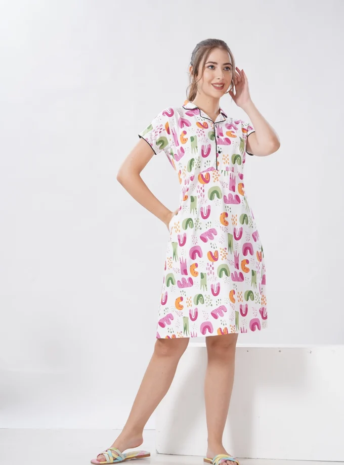 Women’s Hosiery Short Nighty with Collar Neck – Soft & Elegant Sleepwear - Alphabetical