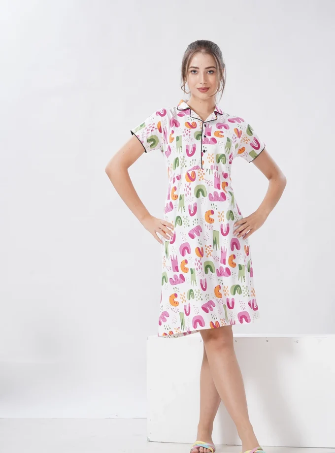 Women’s Hosiery Short Nighty with Collar Neck – Soft & Elegant Sleepwear - Alphabetical