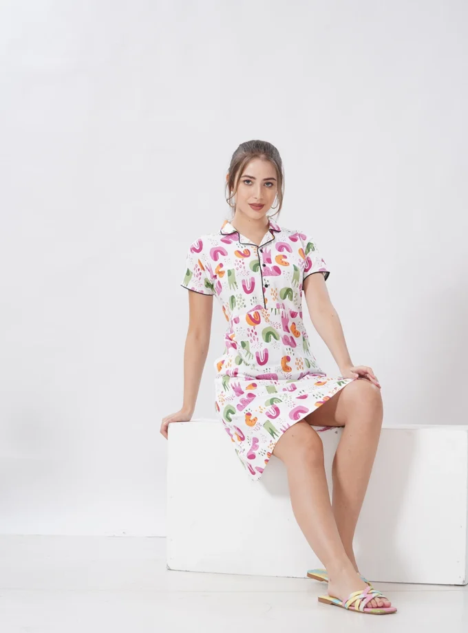 Women’s Hosiery Short Nighty with Collar Neck – Soft & Elegant Sleepwear - Alphabetical