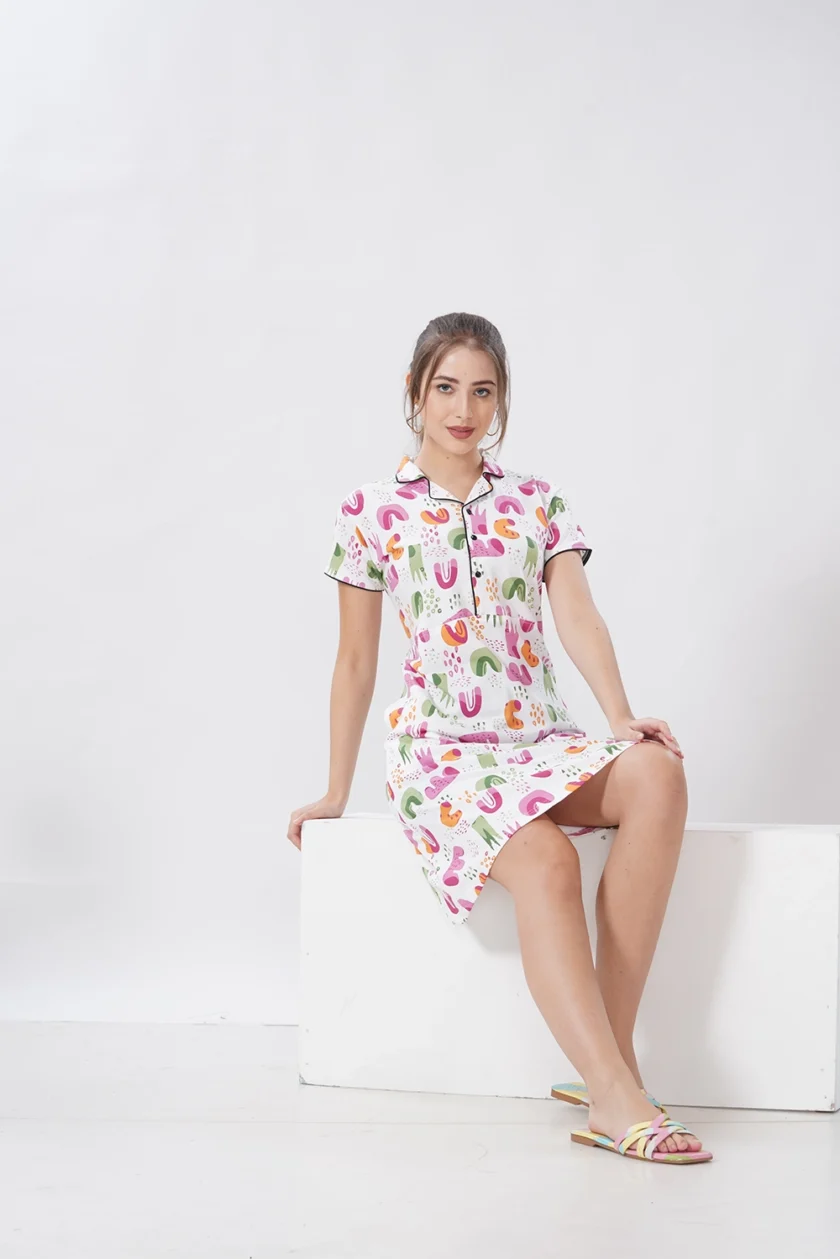 Women’s Hosiery Short Nighty with Collar Neck – Soft & Elegant Sleepwear - Alphabetical - Image 2