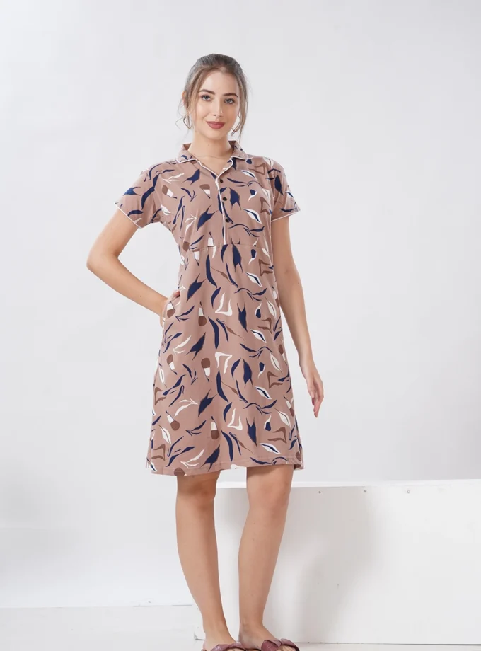 Women’s Hosiery Short Nighty – Collar Neck | Comfortable & Stylish Sleepwear | Light Brown Feather