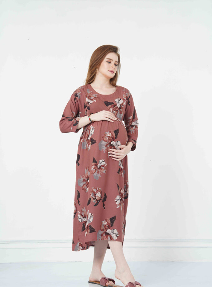 Womy Stylish Maternity & Nursing Gown | Feeding-Friendly Comfort (L – 2XL)