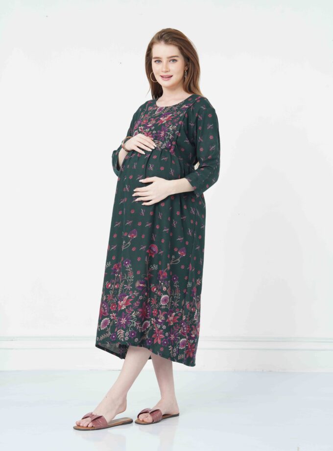 (Womy Maternity & Nursing Gown | Soft, Stylish & Feeding-Friendly (L – 2XL)(Bottle Green)