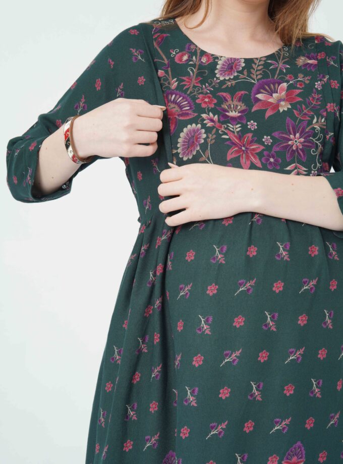 (Womy Maternity & Nursing Gown | Soft, Stylish & Feeding-Friendly (L – 2XL)(Bottle Green)