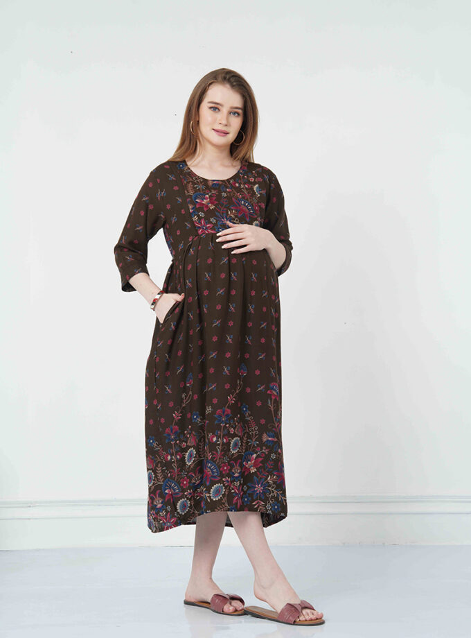 Womy Maternity & Nursing Gown | Comfortable & Feeding-Friendly (L – 2XL)(BROWN)