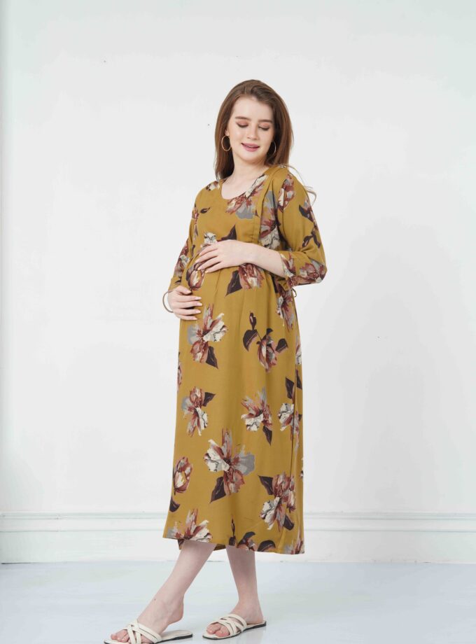 Womy Maternity & Nursing Gown | Soft, Stylish & Feeding-Friendly (L – 2XL)(MUSTARD YELLOW)