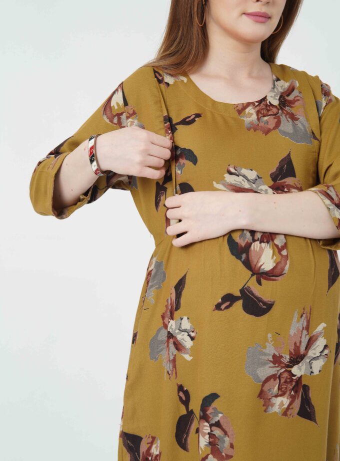 Womy Maternity & Nursing Gown | Soft, Stylish & Feeding-Friendly (L – 2XL)(MUSTARD YELLOW)