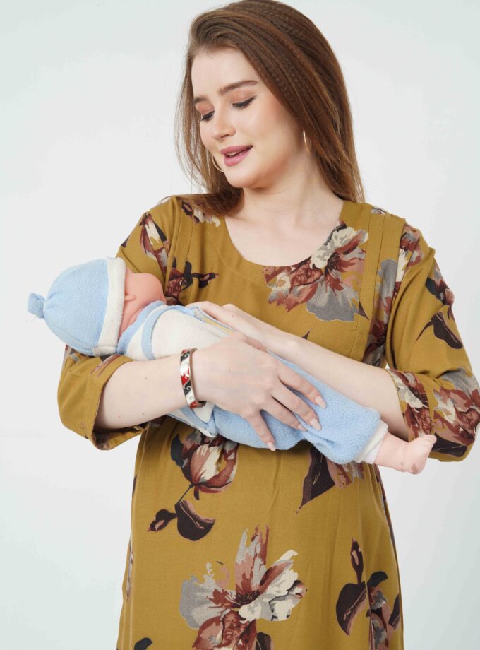 Womy Maternity & Nursing Gown | Soft, Stylish & Feeding-Friendly (L – 2XL)(MUSTARD YELLOW)