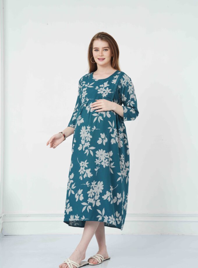 Womy Maternity & Nursing Gown | Feeding-Friendly Comfort Wear (L – 2XL)(BLUE)