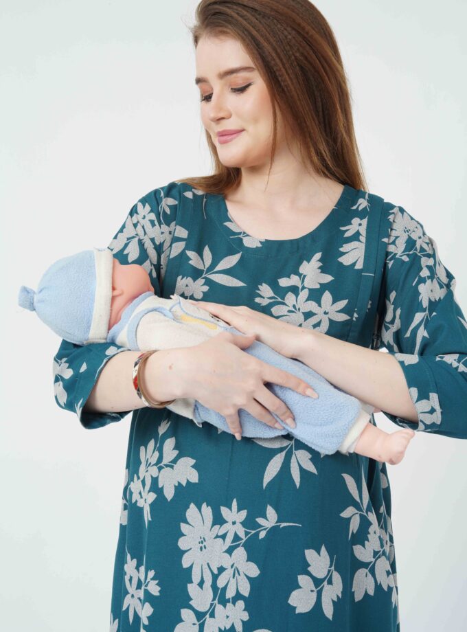 Womy Maternity & Nursing Gown | Feeding-Friendly Comfort Wear (L – 2XL)(BLUE)