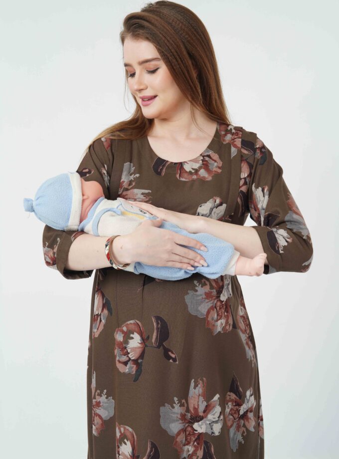 Womy Maternity & Nursing Gown | Cozy & Feeding-Friendly (L – 2XL)(BROWN)