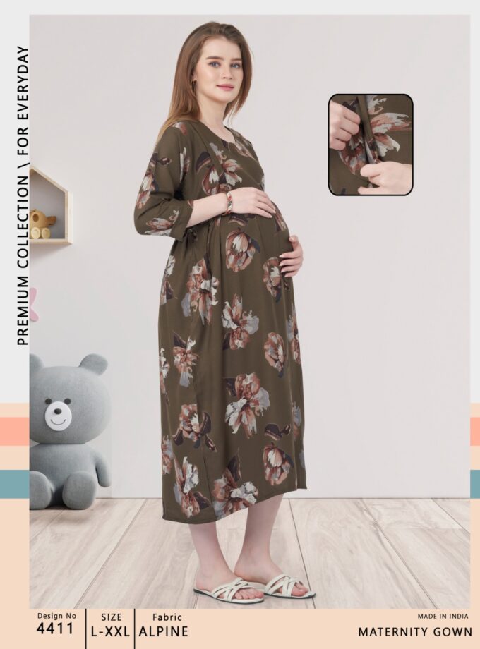 Womy Maternity & Nursing Gown | Cozy & Feeding-Friendly (L – 2XL)(BROWN)