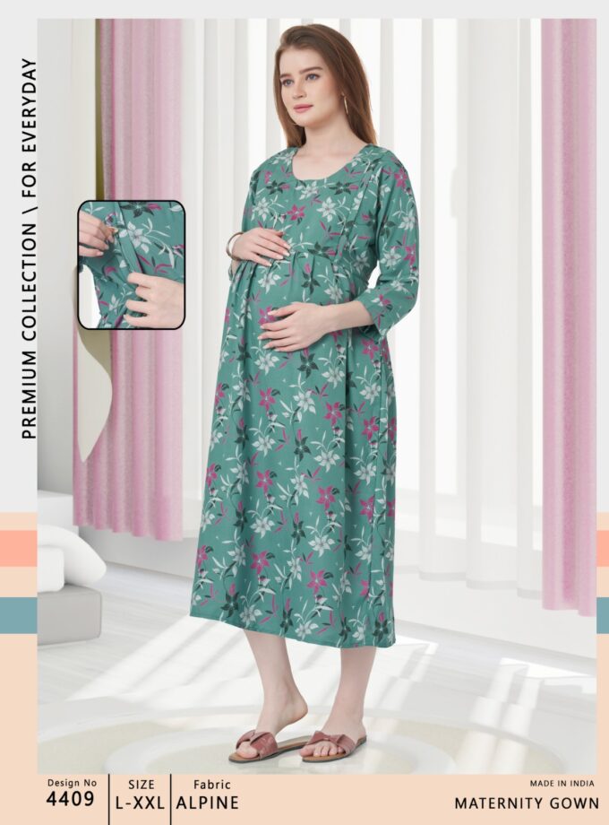 Womy Maternity & Nursing Gown | Feeding-Friendly Comfort Wear (L – 2XL)(BLUE)