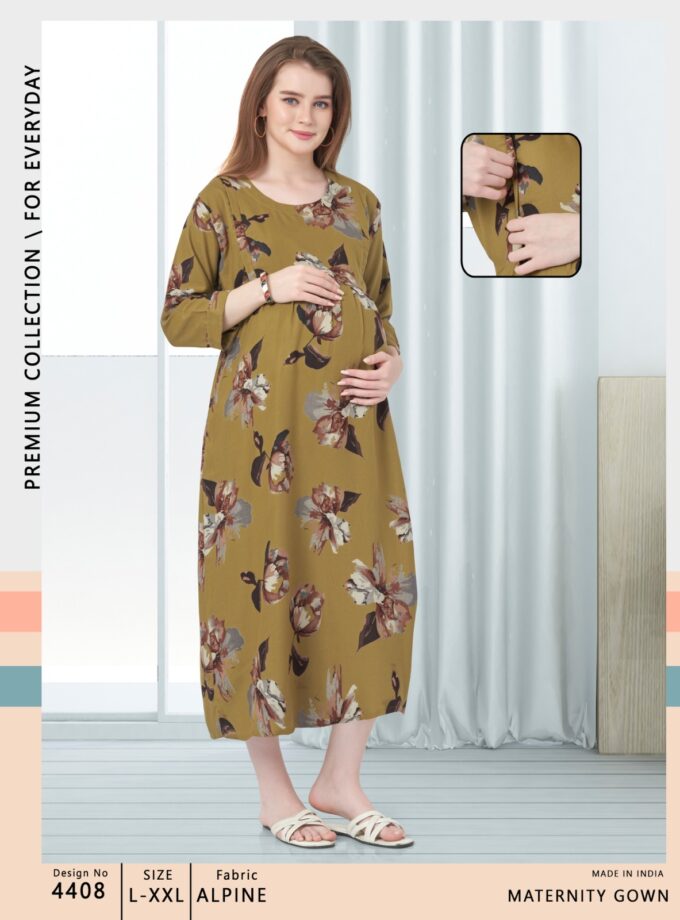 Womy Maternity & Nursing Gown | Soft, Stylish & Feeding-Friendly (L – 2XL)(MUSTARD YELLOW)