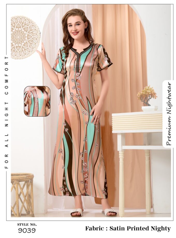 Womy Premium Satin Nighty 9039  | Elegant Lounge Wear | Soft & Luxurious Sleepwear