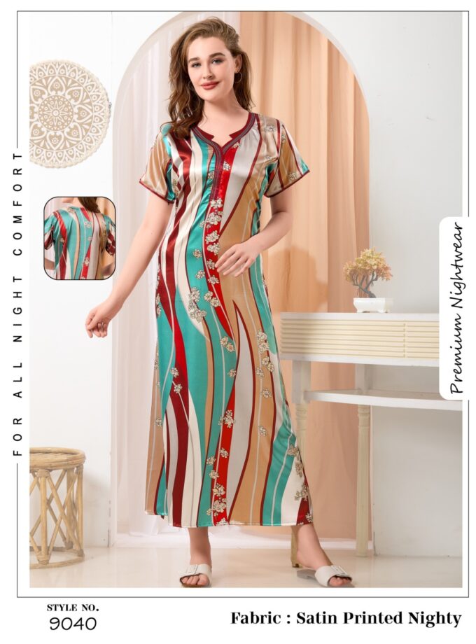 Womy Premium Satin Nighty 9040  | Elegant Lounge Wear | Soft & Luxurious Sleepwear