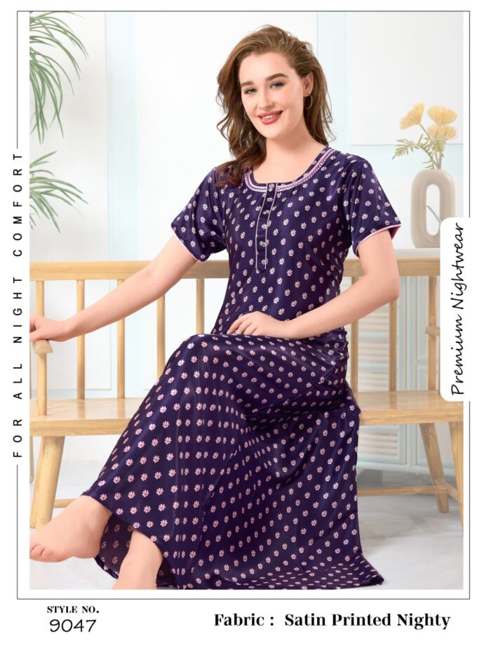 Womy Premium Satin Nighty 9047  | Elegant Lounge Wear | Soft & Luxurious Sleepwear