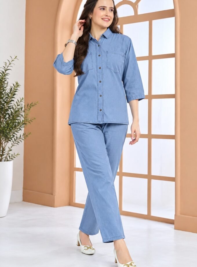 Womy Denim Button-Up Co-ord Set for Women – Stylish Denim Top & Pant Set, Comfortable Casual Wear